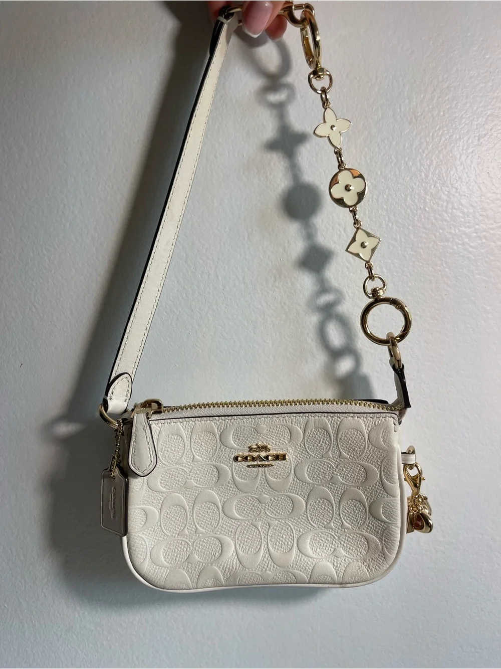 Coach Cream Signature Embossed Leather Mini Wristlet with Gold Accents